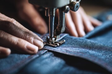 Hands carefully sewing denim with a sewing machine while focusing on the details of the fabric and stitching in a cozy workspace