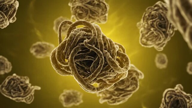 Detailed 3D animation of microscopic, tangled organisms resembling bacteria or parasites in a biological fluid. Represents cellular infection or disease.
