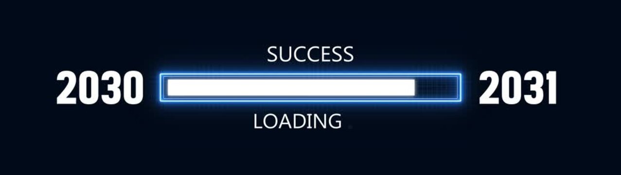 Loading bar from 2030 to 2031 new year transfer animation. Almost reaching New Year ,LOADING...text, alongside a success loading business progress and achieving goals investment.