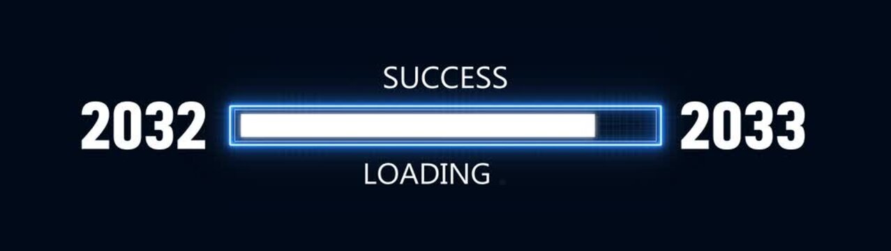 Loading bar from 2032 to 2033 new year transfer animation. Almost reaching New Year ,LOADING...text, alongside a success loading business progress and achieving goals investment.