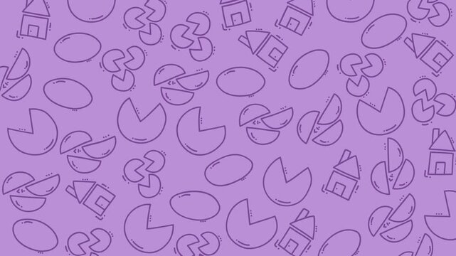 Purple background with outlined houses, ellipses, broken circles, and pie slices. Suitable for real estate, business, or abstract design projects.