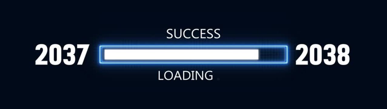 Loading bar from 2037 to 2038 new year transfer animation. Almost reaching New Year ,LOADING...text, alongside a success loading business progress and achieving goals investment.