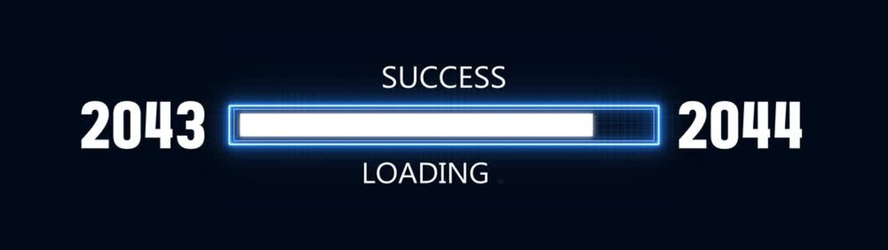 Loading bar from 2043 to 2044 new year transfer animation. Almost reaching New Year ,LOADING...text, alongside a success loading business progress and achieving goals investment.