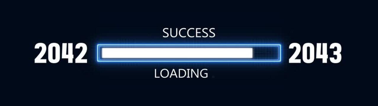 Loading bar from 2042 to 2043 new year transfer animation. Almost reaching New Year ,LOADING...text, alongside a success loading business progress and achieving goals investment.