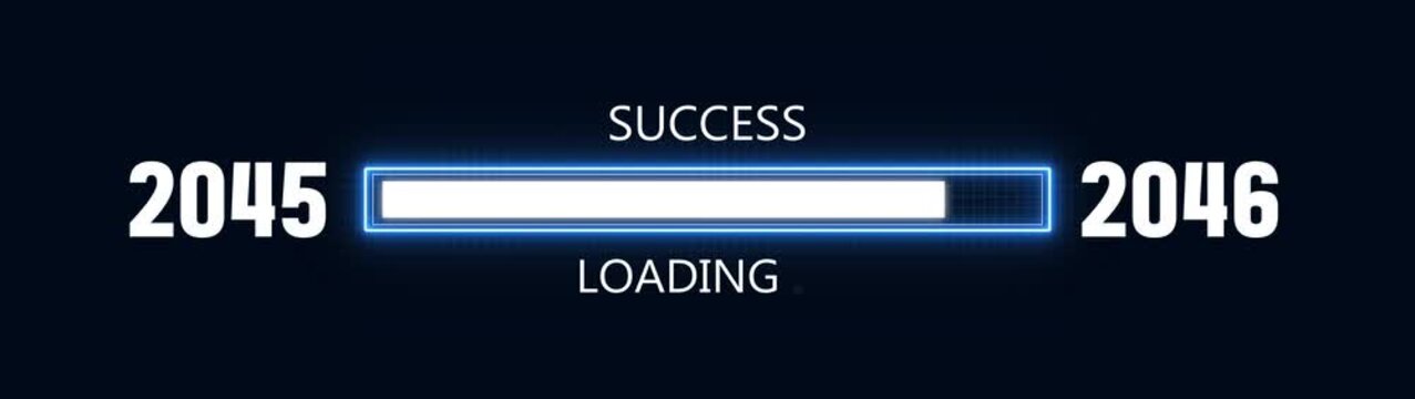 Loading bar from 2045 to 2046 new year transfer animation. Almost reaching New Year ,LOADING...text, alongside a success loading business progress and achieving goals investment.