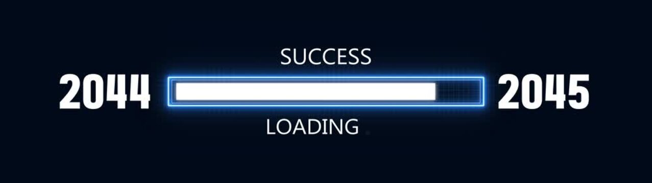 Loading bar from 2044 to 2045 new year transfer animation. Almost reaching New Year ,LOADING...text, alongside a success loading business progress and achieving goals investment.
