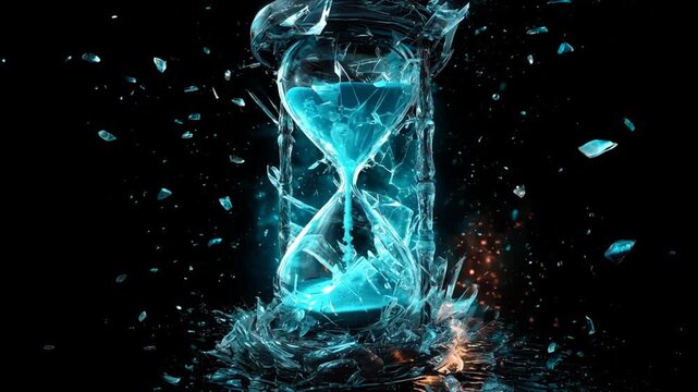 A striking image of a glowing blue hourglass shattering against a black background