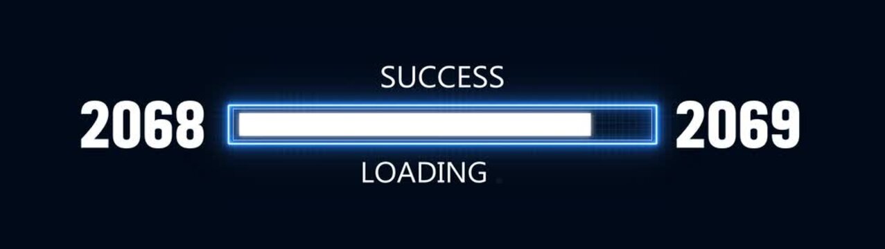 Loading bar from 2068 to 2069 new year transfer animation. Almost reaching New Year ,LOADING...text, alongside a success loading business progress and achieving goals investment.