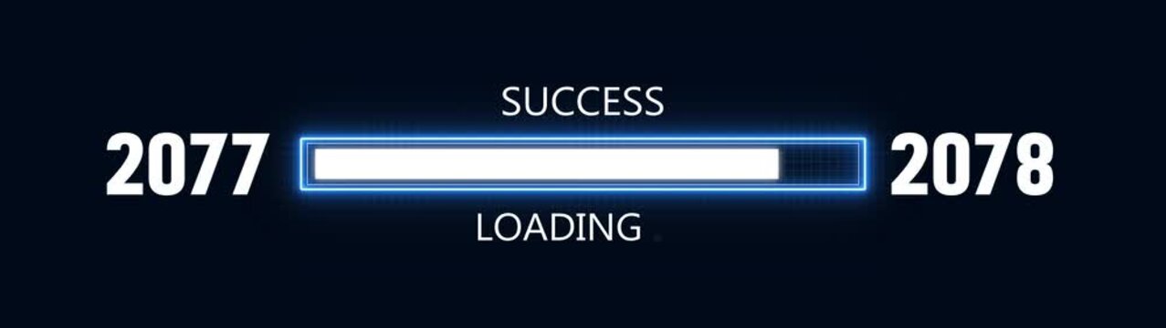 Loading bar from 2077 to 2078 new year transfer animation. Almost reaching New Year ,LOADING...text, alongside a success loading business progress and achieving goals investment.