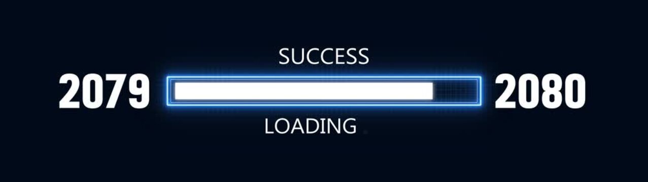 Loading bar from 2079 to 2080 new year transfer animation. Almost reaching New Year ,LOADING...text, alongside a success loading business progress and achieving goals investment.