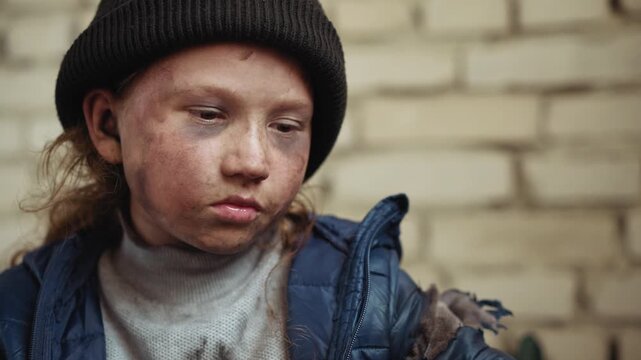 Sad young child with bruised face and dirty skin wearing dark beanie and blue jacket looks down with closed eyes against rough brick wall background