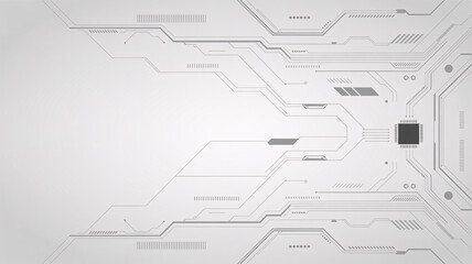 A futuristic circuit board design with microchip and gray lines on a white background