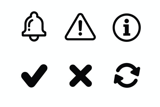 Notification and system status icon set with alert, success, error, and warning symbols, black flat vector design on transparent background, suitable for apps, ui ux interfaces, dashboards