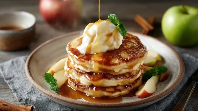 Stack of fluffy pancakes with whipped cream and syrup on rustic plate. Apple Pancakes for Cozy Breakfasts, concept of homemade breakfast