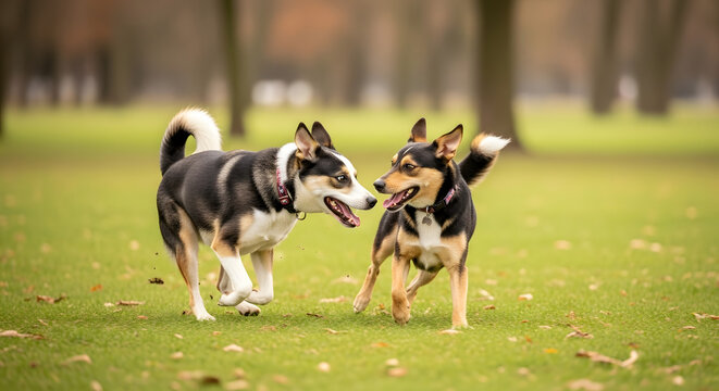Playful candid photo of two dogs running and playing together in a park, joyful energy, natural outdoor light