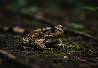 Obraz premium A close-up view of a large common toad resting quietly on damp moss and soil in a deeply shaded woodland ecosystem ,reptile ,nocturnal ,damp