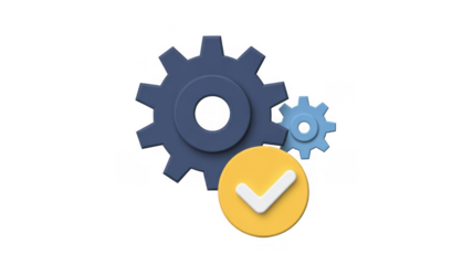 Gears and checkmark on black yellow circle blue gray isolated on a transparent background