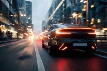 Fototapeta premium Sleek selfdriving car smoothly navigates busy city streets at dusk with city lights reflecting on the vehicle's surface
