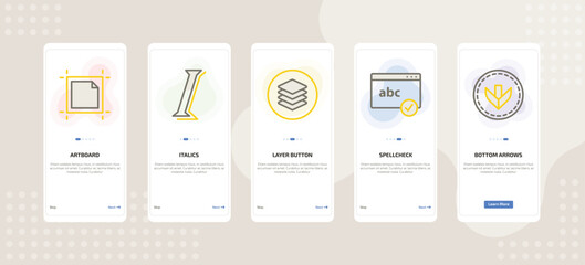 onboarding screen template for UI elements mobile app ui with artboard, italics, layer button, spellcheck, bottom arrows icons.