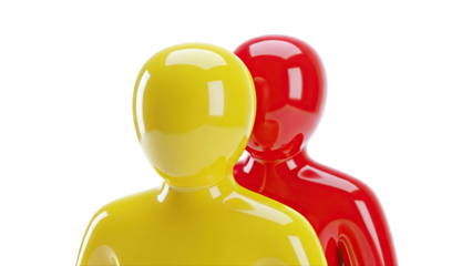 Two glossy abstract figures, red and yellow, on white background