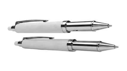 Two white rollerball pens with chrome accents