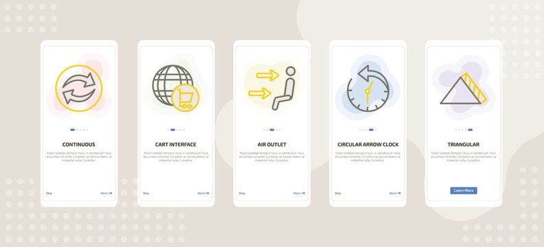 onboarding screen template for UI elements mobile app ui with continuous, cart interface, air outlet, circular arrow clock, triangular icons.