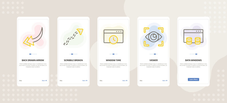 onboarding screen template for UI elements mobile app ui with back drawn arrow, scribble broken line, window time, viewer, data windows icons.