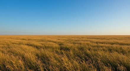 Obraz premium A vast, pristine golden meadow stretching toward the horizon under a perfectly clear blue sky during a warm, quiet afternoon ,expanse ,field ,sunlight