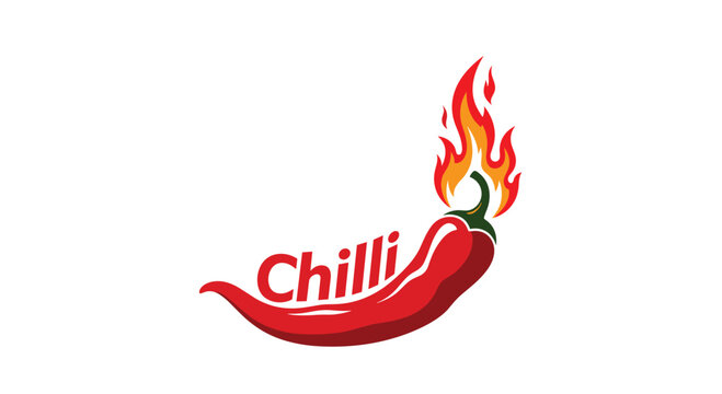 Hot red chili pepper icon with vibrant orange and red flames coming out of the top and the word Chilli written in a bold red font.