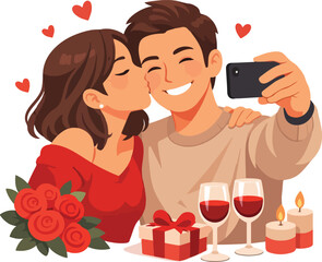 Fototapeta premium Love Celebration Illustration with Joyful Couple, Floating Hearts, and Romantic Party Decor for Valentine Event Vector