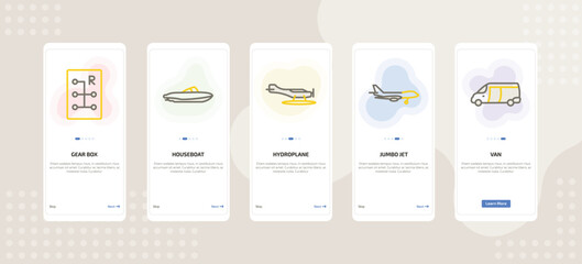 onboarding screen template for transport mobile app ui with gear box, houseboat, hydroplane, jumbo jet, van icons. © Farahim