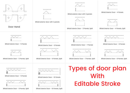 Door plan, floor plan, architectural elements, blueprint, symbol, bifold, exterior door, split, editable stroke, vector
