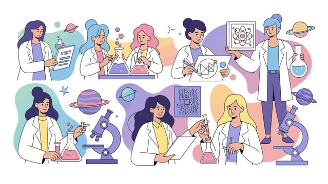 Colorful vector illustration of diverse women in lab coats engaging in various science activities with scientific equipment and symbols around them.