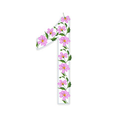 The white number 1 is decorated with an ornament of pink flowers. Computer illustration.