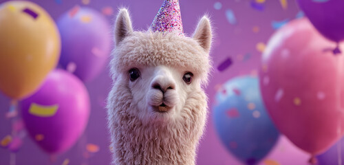 Obraz premium Adorable alpaca wearing a colorful party hat surrounded by vibrant balloons and festive confetti, celebrating a joyful occasion