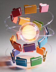 Levitation of Colorful Office Folders Orbiting a Glowing Sphere, Modern Surreal Business Creativity Concept, Conceptual Corporate Innovation Visual with Clean Minimal Aesthetic