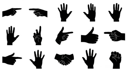 Collection of Black Hand Gestures Silhouettes Isolated on White Background.