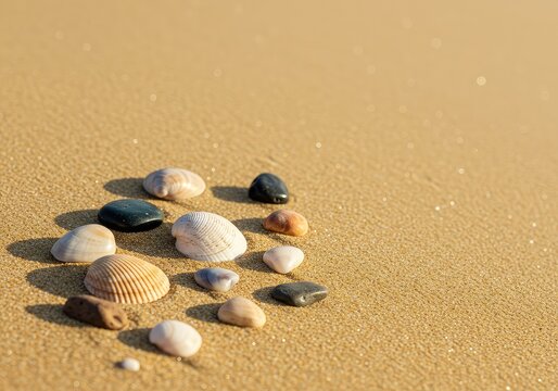 Close-up view of natural beachcombing treasures, including various seashells and polished driftwood pieces resting gently upon textured, warm sand ,nautical ,water ,variety