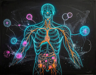 Medical illustration of human body. Neon glowing systems. Circulatory and digestive anatomy. Cellular nodes. Healthcare technology. Science visualization. Research background. Digital art piece.