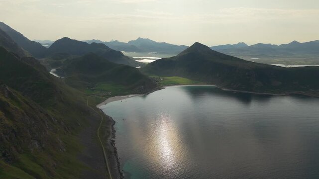 Scenic Aerial View Of Haukland Beach In The Lofoten Islands, Norway.