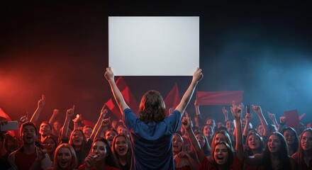 Enthusiastic advocate holding a blank sign high above a cheering crowd, showing passionate support for a cause or team in a vibrant atmosphere ,devotion ,crowd ,advocacy