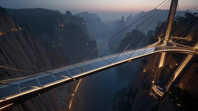 Futuristic illuminated bridge spanning a deep canyon at dusk.