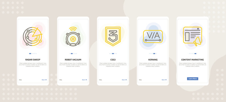 onboarding screen template for technology mobile app ui with radar sweep, robot vacuum, css3, kerning, content marketing icons.