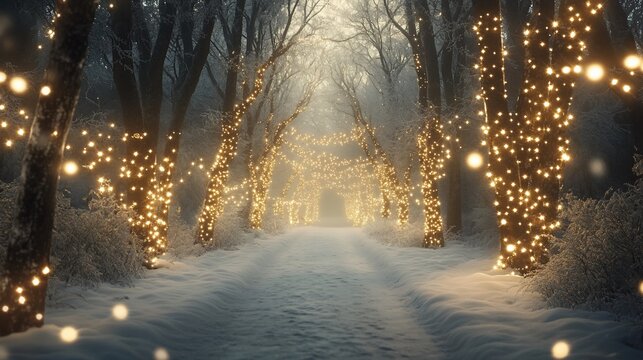 Snowy path, winter forest, lights, magic, Christmas, card, background, design