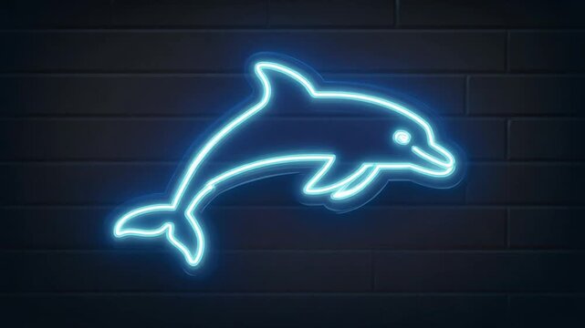 Glowing neon dolphin design against a dark brick wall background. The dolphin curves in a swim pose