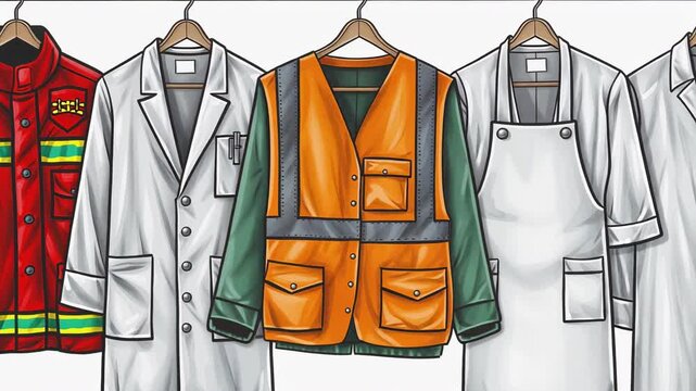 Row of professional uniforms hanging on a rack representing diverse occupations and careers illustration