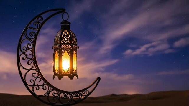 An ornate lantern on a crescent moon stand glows in the desert at night under a starry sky