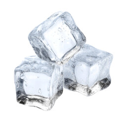 Obraz premium Three Crystal Clear Ice Cubes Stacked on a Pure White Background, Ideal for Refreshing Drink Concepts, Cooling Themes, and Beverage Advertisements.