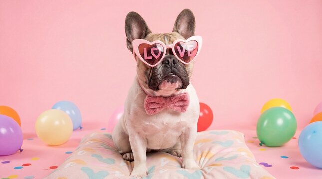 Funny French Bulldog Wearing Pink Heart Shaped Sunglasses for Party Concept