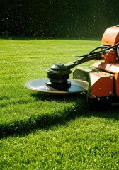 Abstract view of rapid rotary blades cutting lush green lawn, symbolizing precision gardening work and timely yard maintenance ,speed ,precision ,blur